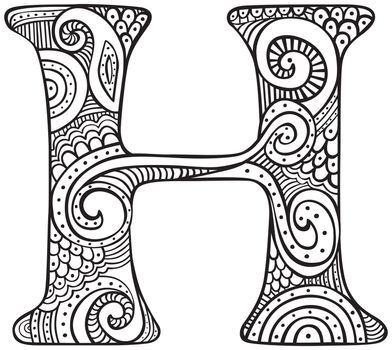 Hand drawn capital letter H in black - coloring sheet for adults