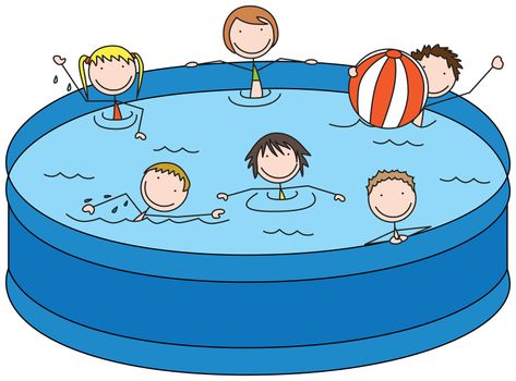 Cartoon illustration of six kids in a pool