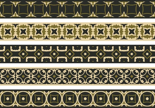 Set of five illustrated decorative borders made of abstract elements in beige, brown and black