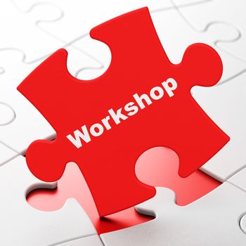 Learning concept: Workshop on Red puzzle pieces background, 3D rendering