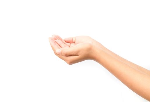 Woman hands praying on white background, religion concept