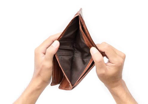 Man hand open an empty wallet on white background