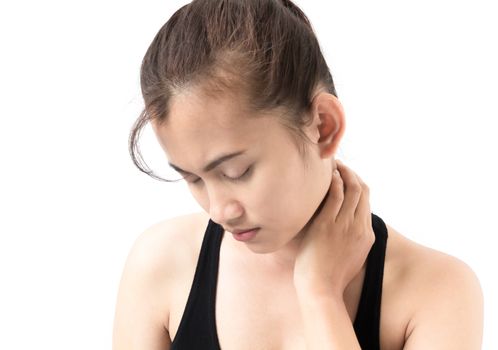 Closeup woman neck ache with white background