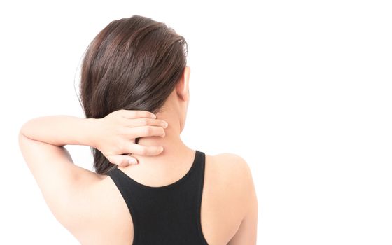 Woman Itching on shoulder and neck pain with white background for healthy care concept