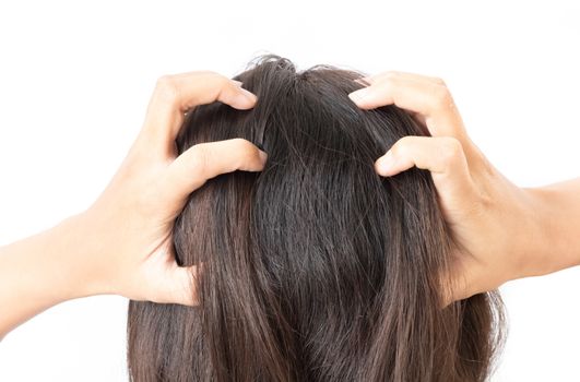 Closeup woman hand itchy scalp, Hair care concept