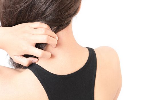 Woman Itching on shoulder with white background for healthy concept
