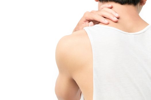 Closeup young man neck ache with white background