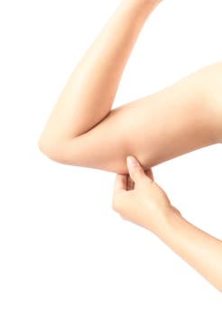 Woman hand checking her upper arm with white background