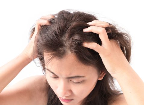 Closeup woman hand itchy scalp, Hair care concept