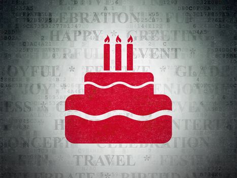 Holiday concept: Painted red Cake icon on Digital Data Paper background with  Tag Cloud