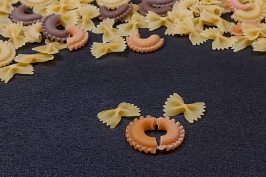 Variety of types of Italian pasta background. Set of raw dry pasta on a black slate background.