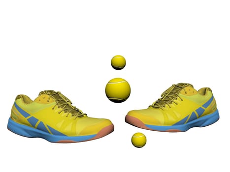 Sport shoes and balls yellow in white background - 3d rendering