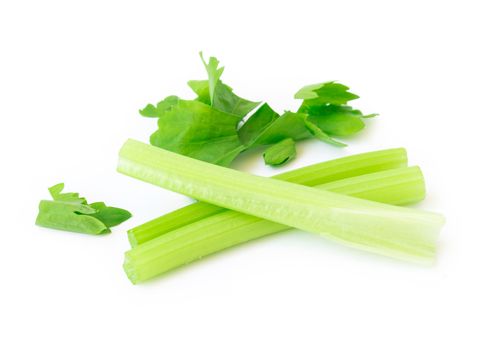Closeup fresh celery slice on white background, Raw material for make cooking