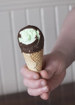 Close up of a green mint ice cream cone