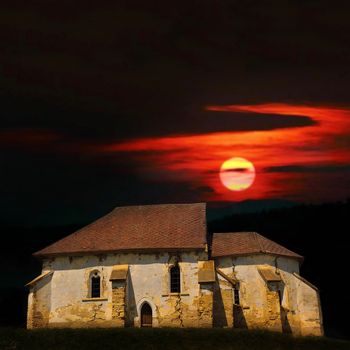 haunted old church at sunset, abandoned damaged building