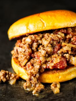 close up of rustic american sloppy joe burger