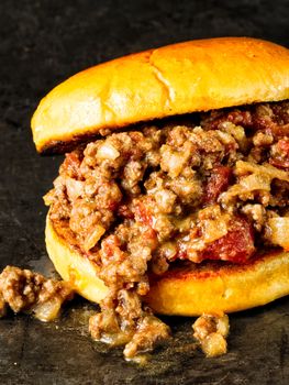 close up of rustic american sloppy joe burger