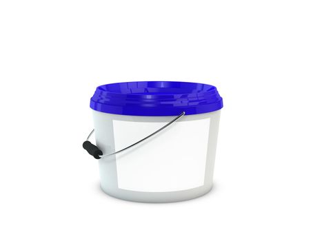 White plastic paint bucket mock up with blue cap and blank lable. 3d illustration isolated on white background