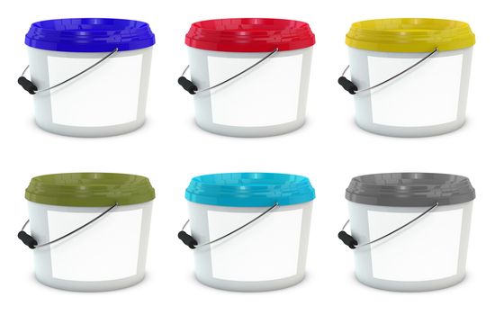 Set of white plastic paint buckets mock up with different color caps and blank lable. 3d illustration isolated on white background