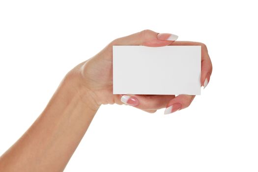 Woman's hand holding a business card isolated on white background