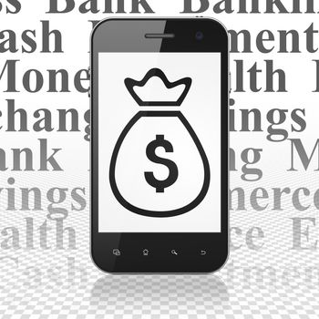 Banking concept: Smartphone with  black Money Bag icon on display,  Tag Cloud background, 3D rendering