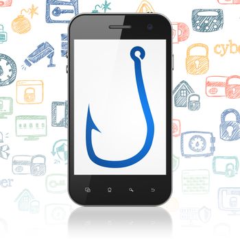 Privacy concept: Smartphone with  blue Fishing Hook icon on display,  Hand Drawn Security Icons background, 3D rendering