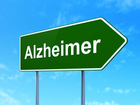 Medicine concept: Alzheimer on green road highway sign, clear blue sky background, 3D rendering