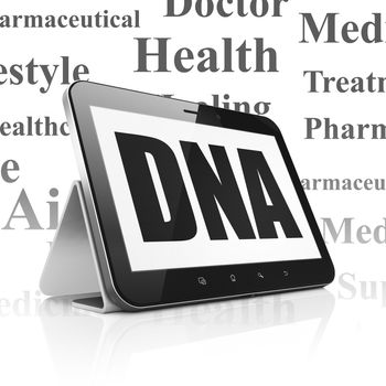 Healthcare concept: Tablet Computer with  black text DNA on display,  Tag Cloud background, 3D rendering