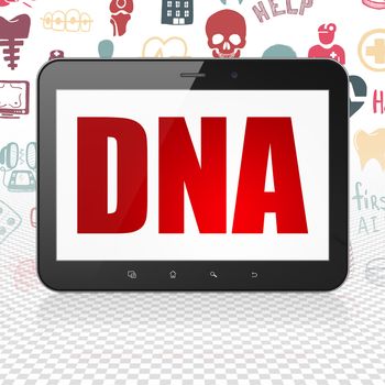 Medicine concept: Tablet Computer with  red text DNA on display,  Hand Drawn Medicine Icons background, 3D rendering