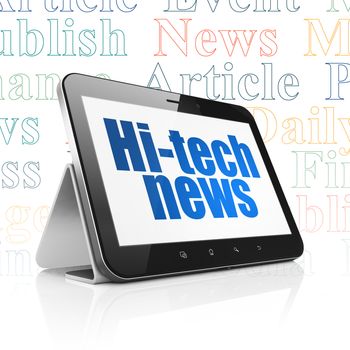 News concept: Tablet Computer with  blue text Hi-tech News on display,  Tag Cloud background, 3D rendering