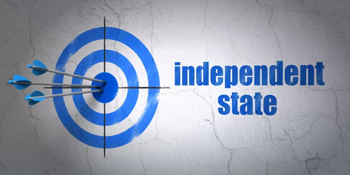 Success politics concept: arrows hitting the center of target, Blue Independent State on wall background, 3D rendering