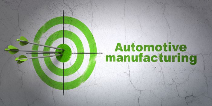 Success Industry concept: arrows hitting the center of target, Green Automotive Manufacturing on wall background, 3D rendering