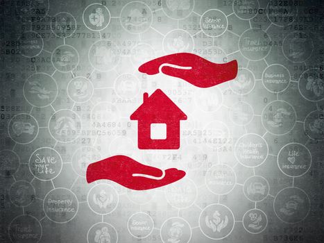 Insurance concept: Painted red House And Palm icon on Digital Data Paper background with Scheme Of Hand Drawn Insurance Icons
