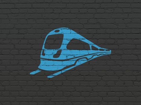 Tourism concept: Painted blue Train icon on Black Brick wall background