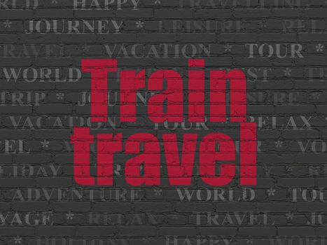 Tourism concept: Painted red text Train Travel on Black Brick wall background with  Tag Cloud
