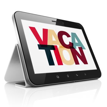 Vacation concept: Tablet Computer with Painted multicolor text Vacation on display, 3D rendering