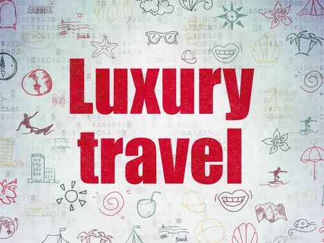 Vacation concept: Painted red text Luxury Travel on Digital Data Paper background with   Hand Drawn Vacation Icons