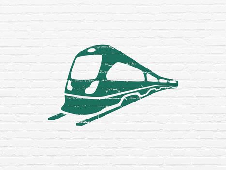 Vacation concept: Painted green Train icon on White Brick wall background