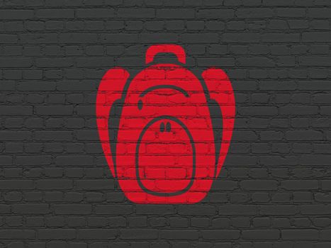 Tourism concept: Painted red Backpack icon on Black Brick wall background