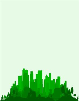 The very edge of a city, trees and buildings in emerald green as a background
