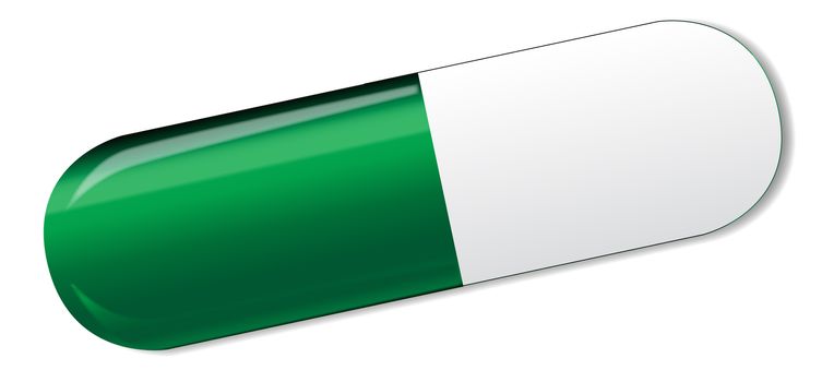 A green and white medicine capsule isolated on a white background.