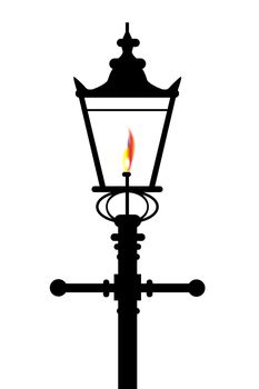 A typical old London gaslight with flame and glow over a white background