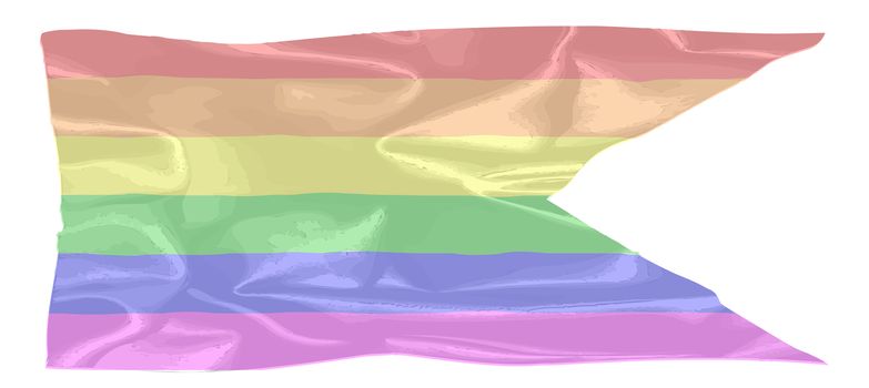 A gay pride silk flag with a V cutout over a white background