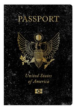 Worn United States of America travel passport over a white background