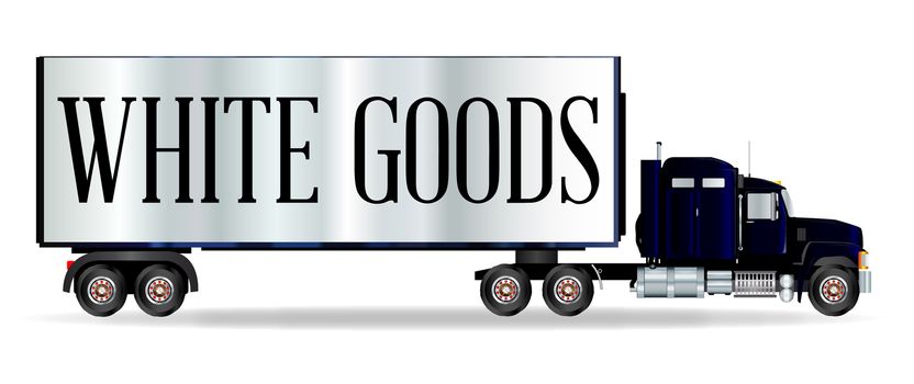 The front end of a large lorry over a white background with White Goods inscription