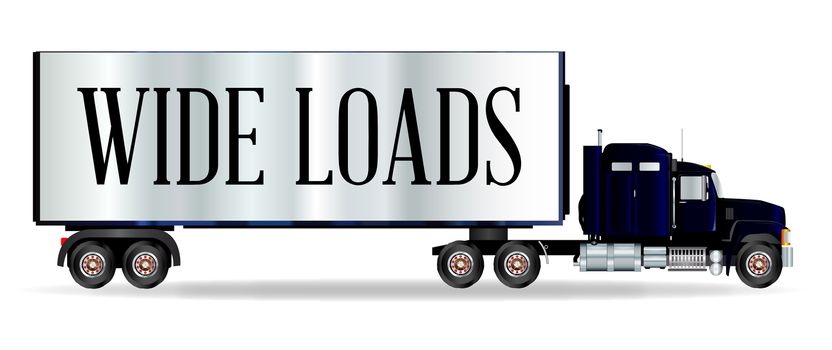 The front end of a large lorry over a white background with Wide Loads inscription