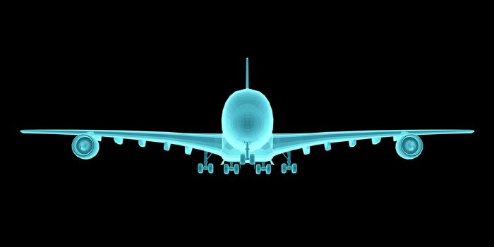 Airplane. Xray image isolated on black. 3d illustration