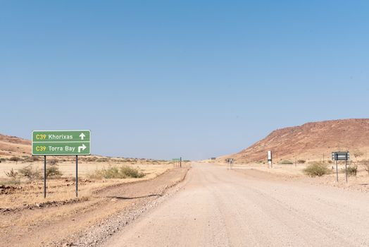The C43-road changes into the C39-road at the turn-off to Torra Bay, in the Kunene Region of Namibia