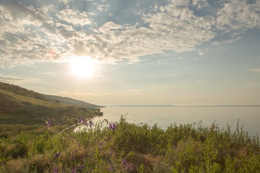 Big river, landscape, green meadow. the cliff and the sky