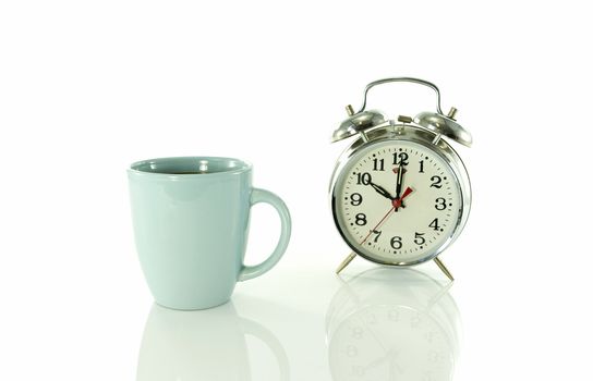 time for a coffee break during work with blue coffee cup and metal clock at ten o clock with bells isolated on white